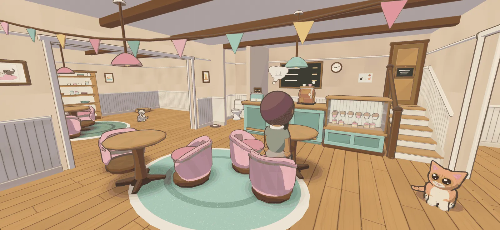 Inside the café: a guest at her table with her order bubble up, the kitten by the counter, the pastry case stocked, bunting over the beams.