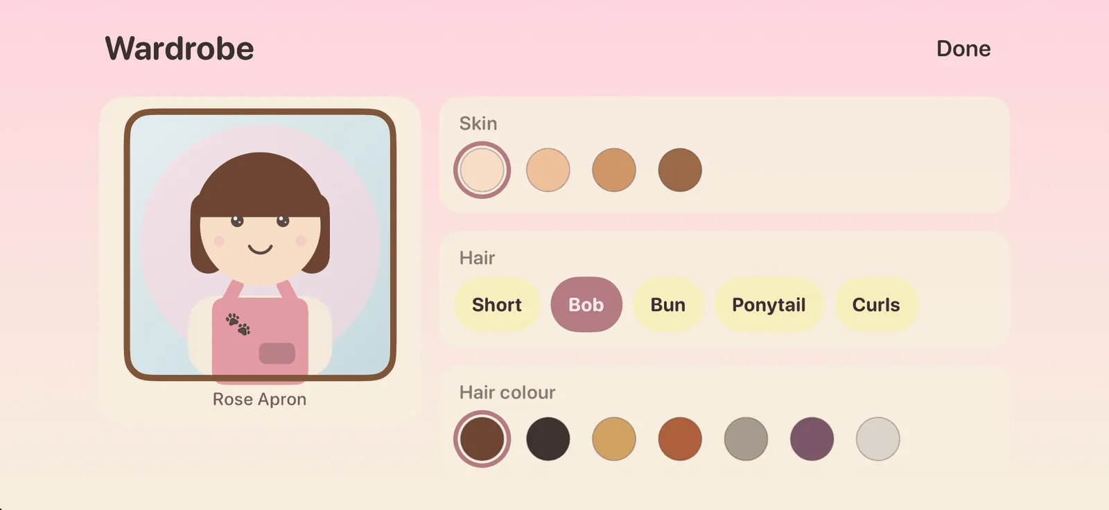 The Wardrobe: your portrait in a mirror card wearing the rose apron, with chips for skin, hair and hair colour.
